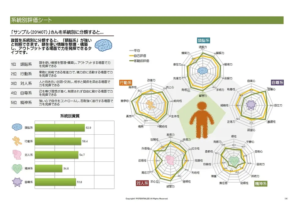 系統別評価シートのサンプル：頭脳系・行動系・対人系・精神系・自尊系の5系統ごとに、自己評価と客観評価をレーダーチャートで比較