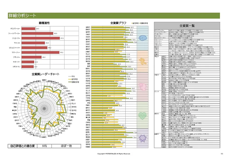 詳細分析シートのサンプル：全資質の自己評価と客観評価を比べたグラフと、自己評価との適合度