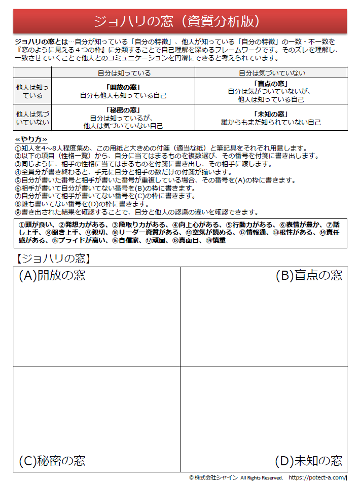 ジョハリの窓 実施シート ジョハリの窓のワークシートサンプル